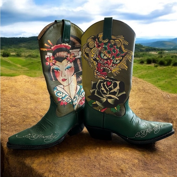 Ed Hardy Artistic Green Cowboy Boots size 5